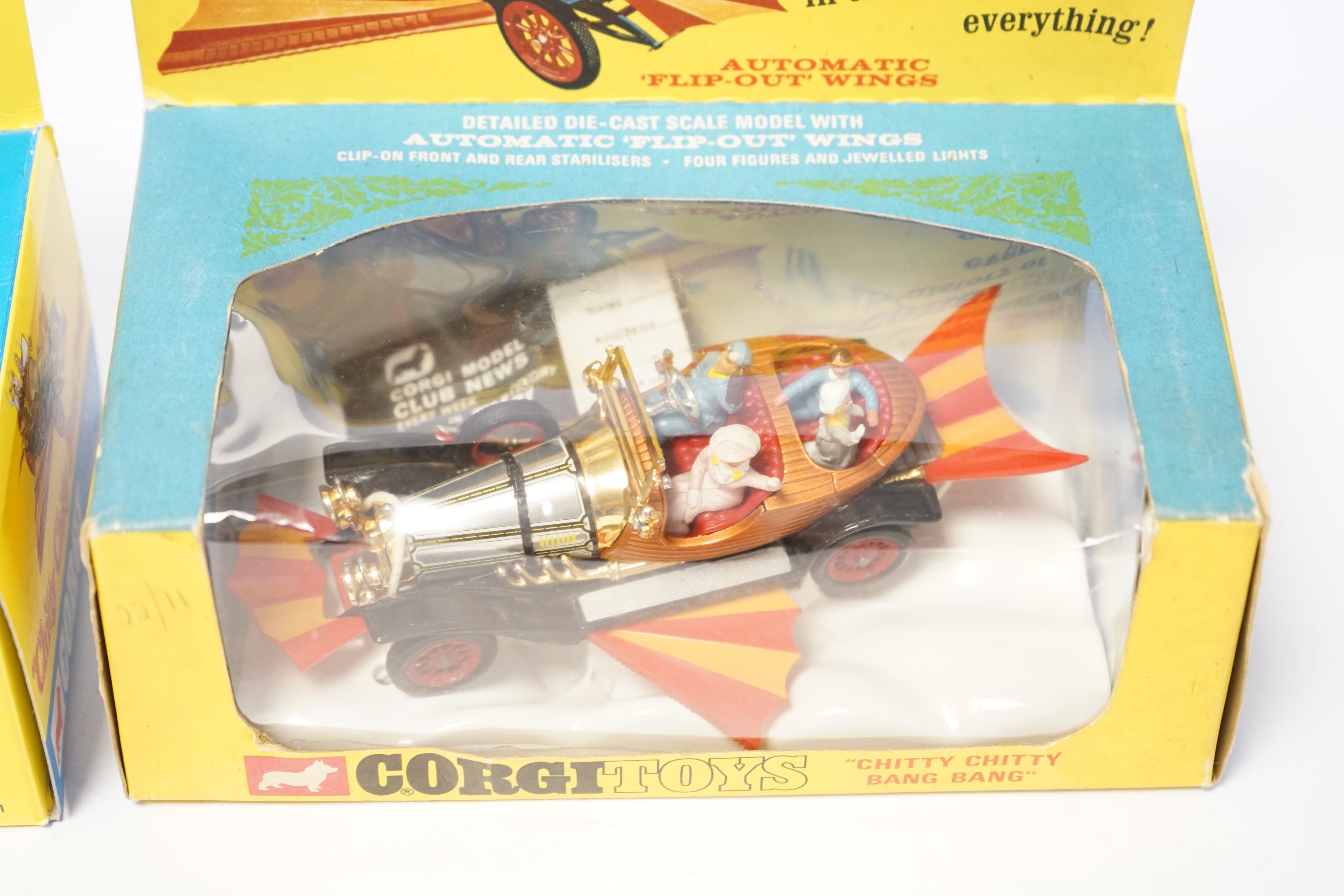 A Corgi Toys Chitty Chitty Bang Bang (266), boxed with inner plastic cloud display stand and reproduction card background, together with an additional reproduction box and cloud display stand. Condition - fair to good -